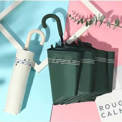 1把纯色弯柄音符黑色乙烯基防晒伞，时尚简约便携折叠伞，晴雨两用，春夏之选，伴娘礼物，房间、卧室装饰，海滩、旅行，男女皆宜，度假必备。