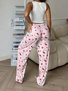 Sanrio 2件套Hello Kitty女士印花露脐背心和松紧腰裤可爱睡衣套装，圣诞节 - 粉色 - 查看 3