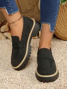 Preppy Style Black Loafers, Fashion Casual Shoes, Comfortable Round Toe Fuchsia Women's Shoes, Thick Sole Slip-On British Style Gray Dress Flats