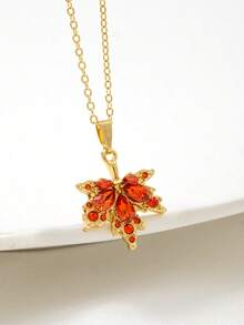 1pc Canada Autumn Red Maple Leaf Zirconia Pendant Necklace, Suitable For Daily Wear By Women - Multicolor - View 1