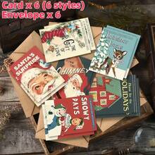 12 buc (6 buc cărți poștale + 6 buc plicuri) felicitări vintage, Moș Crăciun, reni, modele asortate, potrivite pentru petreceri de Crăciun sau de iarnă