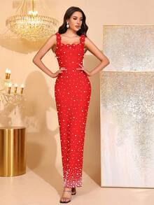 全新优雅珍珠闪亮水钻装饰手工 3D 花卉装饰方领细肩带露背紧身长款绷带连衣裙，女士正式晚礼服，适合生日派对、正式晚宴、狂欢节、复活节 - 紅色 - 查看 4