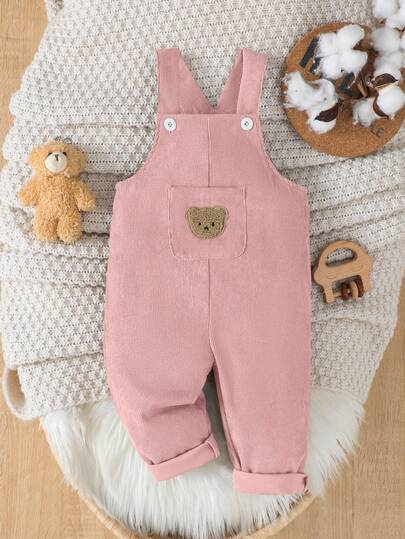 女婴灯芯绒熊图案背带裤，带口袋，休闲舒适工装裤