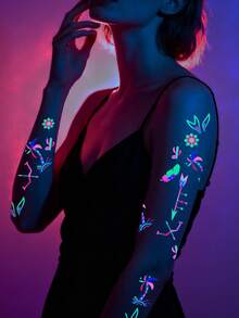 12张Y2K炫彩霓虹临时纹身贴纸，夜光人体彩绘贴纸，紫外线纹身贴纸，非常适合夜间派对，多种图案可用于音乐节和派对人体彩绘。 - 彩色 - 查看 3