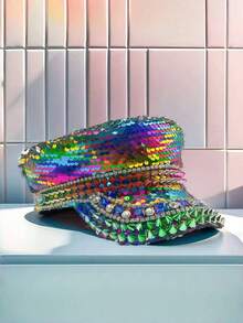 1pc Shiny Polyester Steampunk Rhinestone Captain Hat For Women & Men, Military Cap, Pirate Hat, Suitable For Halloween, Cosplay, Christmas, Bar, Bachelorette Party