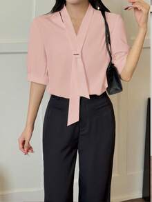 女士纯色短袖休闲办公衬衫 - 粉色 - 查看 3