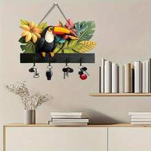 2D Art Piece Depicting A Beak Bird And A Wooden Sign, Key Organizer With Simple Colored Wooden Key Hooks, 4 Metal Hooks, Wall Art Suitable For Decorating Walls, Entryways, Rooms, Villas, Seasonal Home Decor - Multicolor - View 5