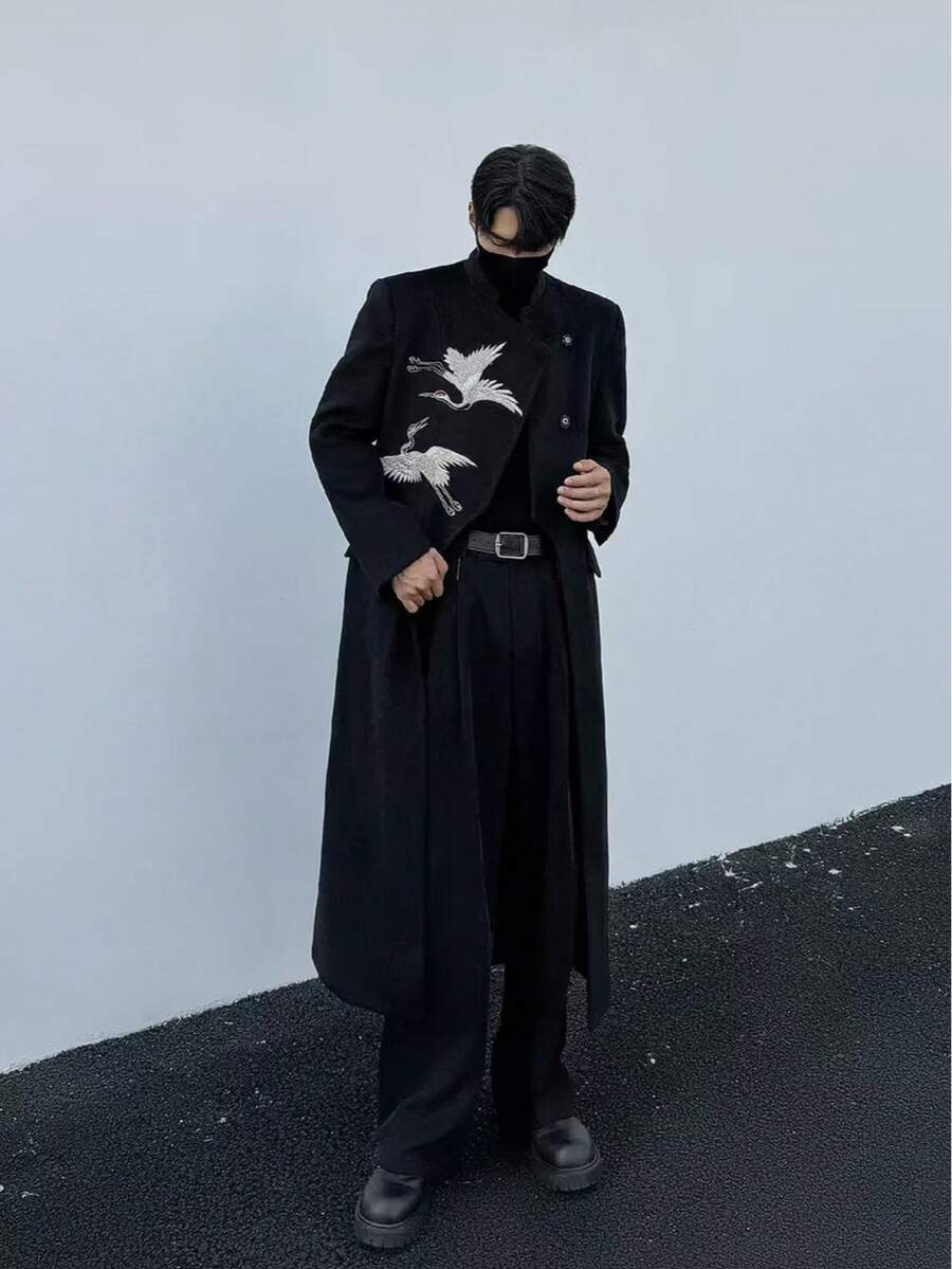 New Chinese Style, Crane, Embroidery, Woolen Fabric, Diagonal Collar, Hidden Button, Silhouette, Fashionable, Versatile, Casual, High-End, Handsome, Coat, Woolen Coat - màu đen - Xem 1