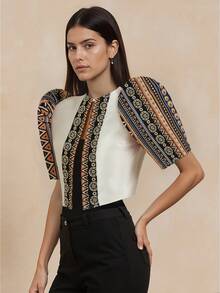 Amyenjoylife 现代菲律宾传统上衣，蝴蝶袖菲律宾传统上衣，夏季女士时尚优雅拼接泡泡袖开衫上衣，女士菲律宾传统短上衣，金色上衣 - 金色 - 查看 5