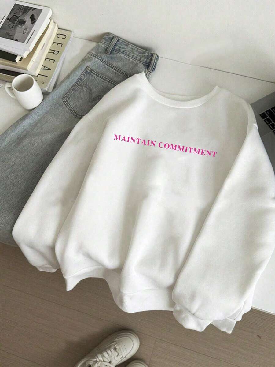 女款「MAINTAIN COMMITMENT」標語印花長袖圓領衛衣,休閒寬鬆百搭度假風上衣,時尚秋季日常穿搭 - 白色 - 查看 1