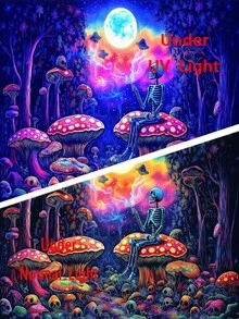 ​​ 发光蘑菇上的蓝色骷髅 UV 反应挂毯 月光森林与不明飞行物 波西米亚风格墙壁艺术 哥特式卧室音乐节装饰​ - 彩色 - 查看 2
