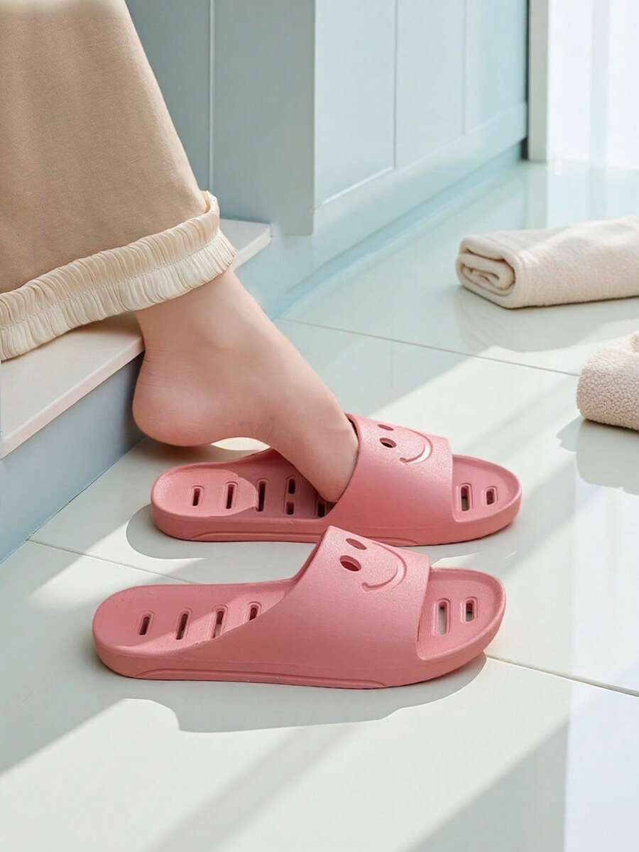Women's Smiling Face House Slippers, Suitable For All Seasons, Indoor Home, Bathroom Use. Breathable Perforated, Quick-Drying, Lightweight, Anti-Bacterial, Odor-Resistant PVC Shower Slippers. Pink Massage Slippers, Soft & Comfortable, Arch Support, Summer Slides - Pink - View 1