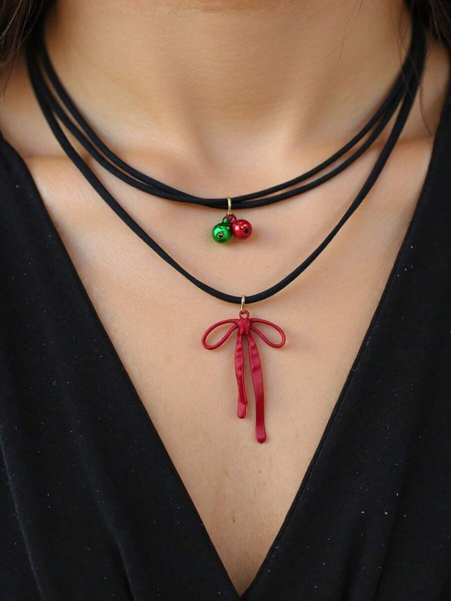 1 pieza Collar de Navidad de niña dulce, gargantilla de doble capa con campana roja y verde con moño, joyería para fiesta y citas, adecuada para fiestas de Navidad, reuniones, regalo - Colgante de Navidad - Ver 1