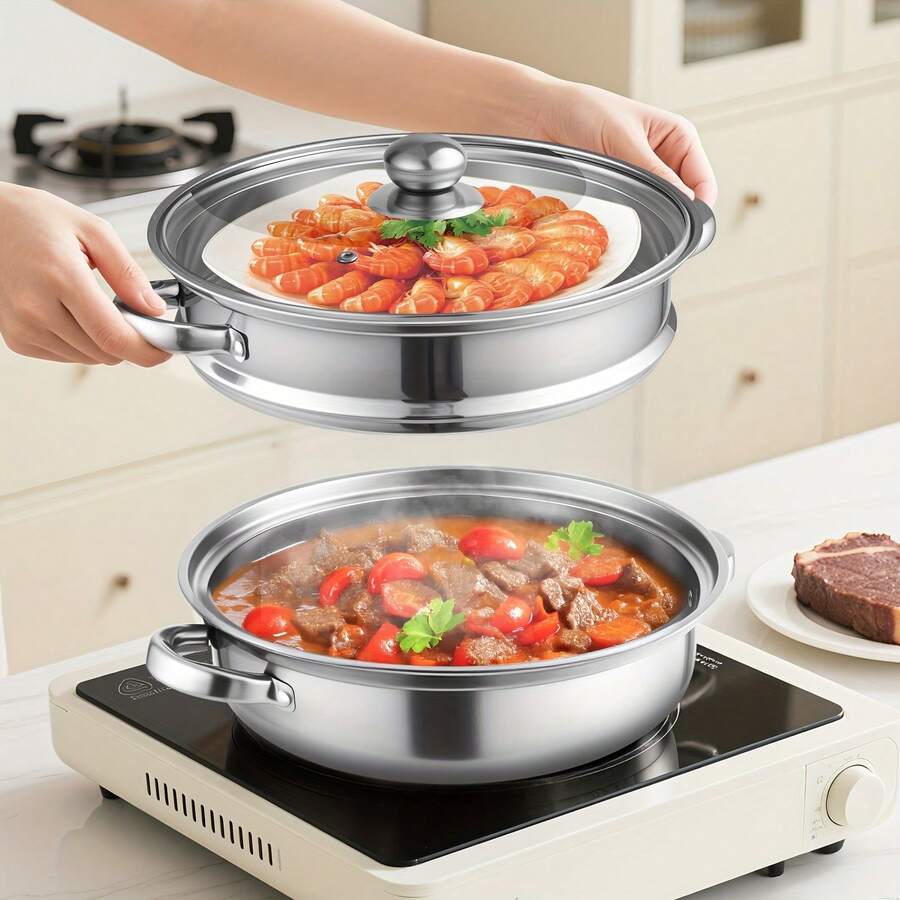 EZIFY 28cm Wide Steamer, Suitable For Steaming And Boiling, Durable 2/3 Layer Stainless Steel Pot, Stainless Steel Pot Perfectly Suitable For Making Soups, Healthy Meals, Home Cooking, Compatible With Gas And Induction Cooktops, Steamer, Multi-Functional Cooking Utensil, Wide-Mouth Cooking Utensil, Long-Lasting Material, Multi-Functional Pot, Cooking Enthusiast, Home Kitchen - 3層 - 查看 1