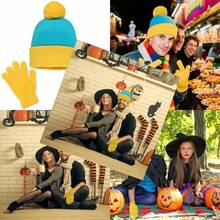 Halloween Character Cosplay Hat And GlovesKnit Pom Beanie Hat Halloween Custume Winter Hat Set For Adult Blue And Yellow
