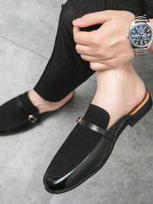 PU Material / Faux Leather Plus Size Men's Black Loafers, Casual Leather Shoes, British Style Half-Slip-On Shoes, Fashion Driving Loafers, Youth Korean Version Slip-On Shoes, Suitable For Nightclubs, Parties, Daily Versatile Wear - Black - View 3