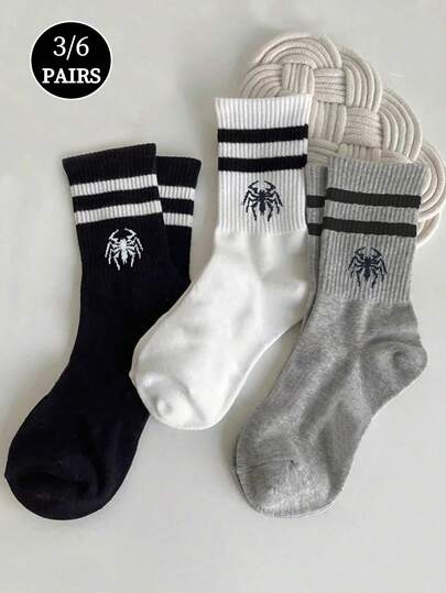 1/3/6双装男女通用蜘蛛图案时尚中筒袜，舒适运动袜，适合日常穿着、节日庆典、户外活动，四季皆宜。