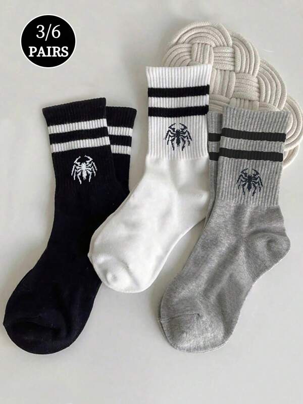 1/3/6双装男女通用蜘蛛图案时尚中筒袜，舒适运动袜，适合日常穿着、节日庆典、户外活动，四季皆宜。