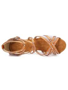 Giày khiêu vũ Latin màu đồng, giày khiêu vũ Tango Salsa đế mềm dành cho nữ, giày dự tiệc trong nhà bằng satin, giày cưới đính đá, gót cao kiểu 9cm, giày thi đấu và tập luyện. - Đồng - Xem 3