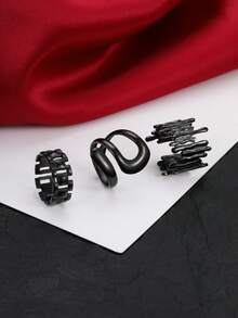 3pcs Gothic Style Stainless Steel Black Dotted Rings Set For Women, Exaggerated Fashion, Suitable For Daily Decoration Or Gift - Black - View 2