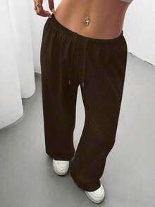 Women's Casual Solid Color Drawstring Waist Sports Pants Spring - Brown - View 5