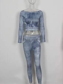 Off Shoulder Crop Top & Leggings - Blue - View 2