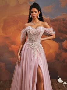 VIPGIRL New Elegant Off Shoulder Mesh Slit Luxury Evening Dress - Pink - View 7