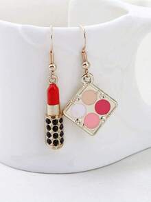 2pcs Lipstick/Eyeshadow Compact Makeup Set & Asymmetric Earrings, Personalized Quirky Earrings, Holiday Gift Jewelry, Suitable For Party, Daily Wear And Theme Events