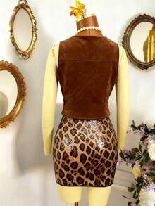 Women's New Fashion Sexy Western Cowgirl Style Retro Open Front Suede Sleeveless Vest, Versatile Casual Tie-Up Design Street Style Suitable For Travel - Brown - View 10