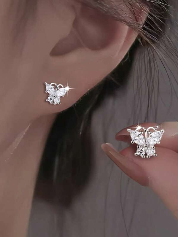 1 par de pendientes de mariposa con diamantes de imitación de plata de ley 925, diseño minimalista de lujo y alta calidad, elegante y minimalista, accesorio versátil para uso diario y fiestas, joyería exquisita
