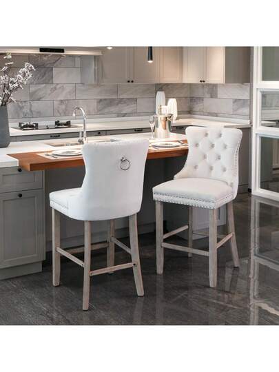 Contemporary Fluwelen Upholstered Bar Stool Buttoned Lattice Wooden Legs Chrome Nailhead Chair, Stools, DE2002BL view 4