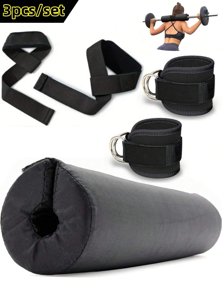 3pcs Barbell Shoulder Pad Set, 1pc Shoulder Pad, 1 Pair Lifting Straps, 1 Pair Ankle Straps, Gym Squat Accessories, Power Rack Attachments, Hip Thrust Pad, Squat Safety Pad, Weightlifting Neck Pad, Hip Thrust Foam Shoulder Pad - Black - View 1