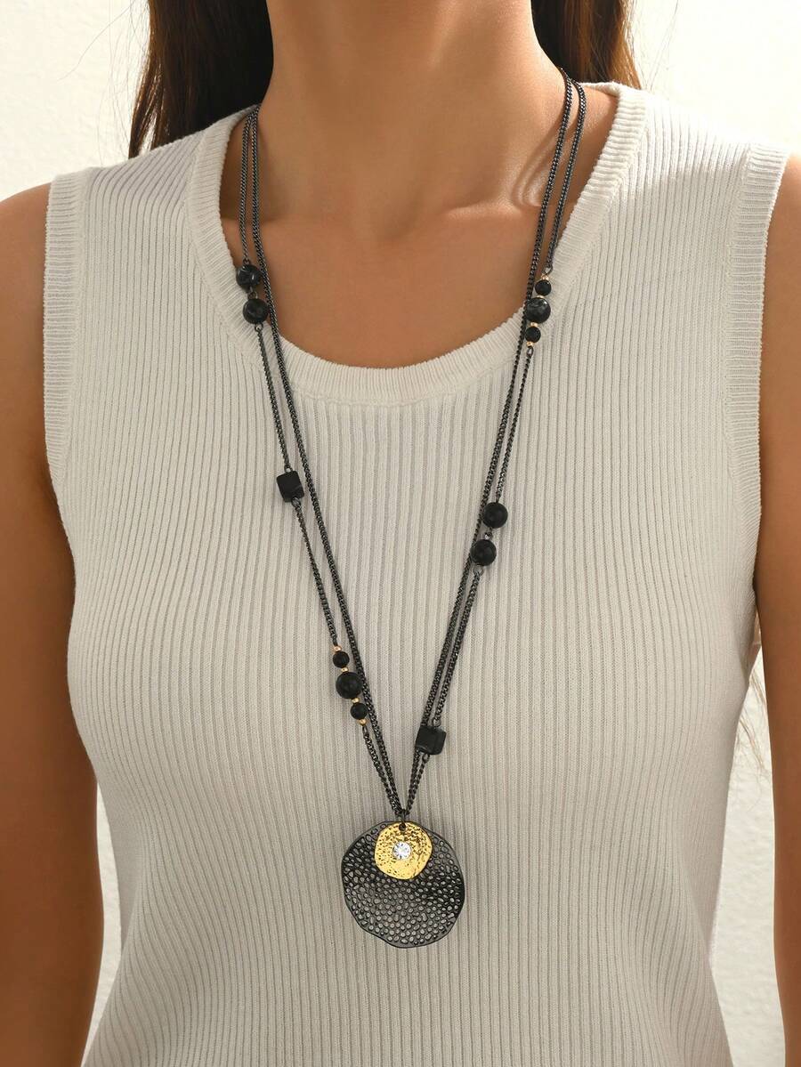 1 件时尚休闲几何圆形串珠长项链，适合女士，适合送礼、母亲、好友、日常佩戴 - 槍黑色 - 查看 1