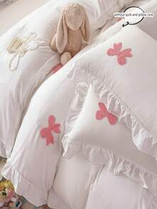 Cut Bow Embroidery Colorful Ruffle Duvet Cover Set, White Bedding Set 3pcs,Including 1 Duvet Cover And 2 Pillowcases, Ultra Soft Breathable Chic Comforter Cover