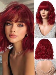 Topshe 14 Inch Red Medium-Long Wavy Curly Wig, Elegant Women's Halloween Accessory, Halloween Decoration, Heat-Resistant Synthetic Wig, Suitable For Daily Cosplay, Holiday Celebration Wear, Halloween Cosplay Gift, Gift For Friends - Red - View 2