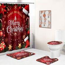 1 pieza/4 piezas Juego de decoración de baño multifuncional con corona de flores navideña roja, incluye 12 ganchos gratis, con ambiente elegante navideño, decoración de invierno, alfombra de baño, alfombra de inodoro en forma de U y alfombra de inodoro redonda, adecuado para todos los escenarios de decoración navideña