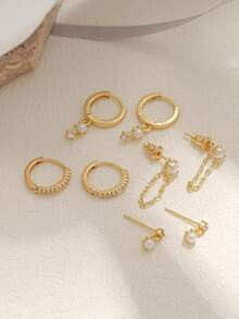 8pcs Simple Geometric Faux Pearl & Rhinestone Copper Chain Earrings, Suitable For Women's Vacation, Date, Gift, Daily Wear - Yellow Gold - View 6
