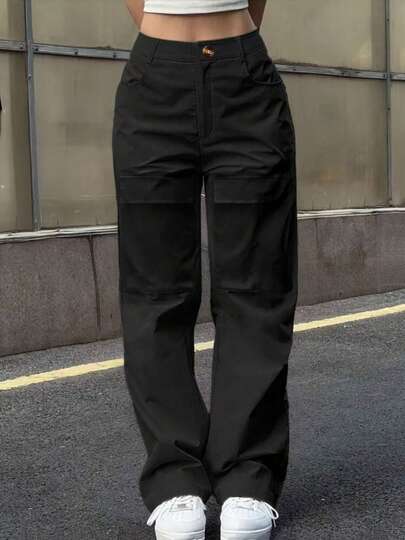 Women's Casual Pocket Elastic Waist Button Zipper Wide Leg Loose Pants