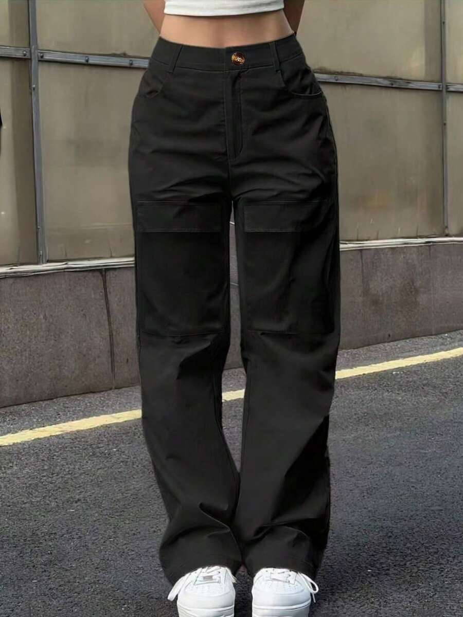 Women's Casual Pocket Elastic Waist Button Zipper Wide Leg Loose Pants