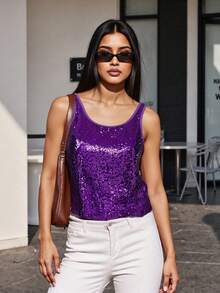 Sequin Tops For Women Y2k Sparkle Camisole Shimmer Sleeveless Crew Neck Tanks Top Glitter Crop Disco Party Shirt Cami Outfit - Màu tím - Xem 3