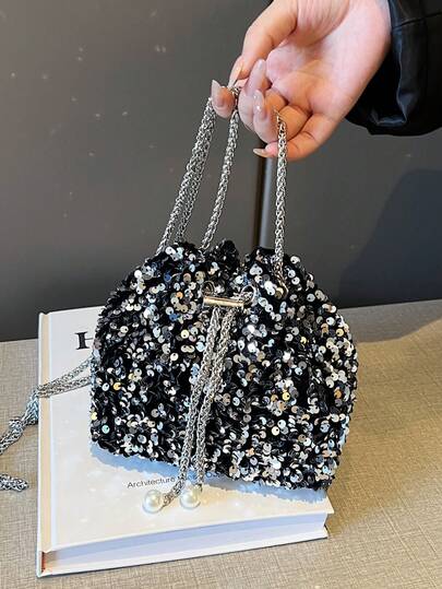 轻巧，商务休闲水钻装饰水桶包迷你抽绳设计，透明包时尚珍珠包晚宴包，晚餐包迷人，优雅，精致，安静的奢华水钻适合派对女孩，女人，新娘非常适合派对，晚宴/宴会圣诞派对礼服，完美搭配新年服装，与女士派对礼服完美搭配