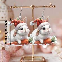 1 Pair Cute Cartoon Christmas Hat & Carrot Rabbit Ear Earrings, Funny 2D Design, Suitable For Christmas Wear