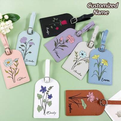 1 Pc Personalized Vegan Leather Luggage Tag: Birthday Flower Pattern, A Travel Essential,New Year Glamour