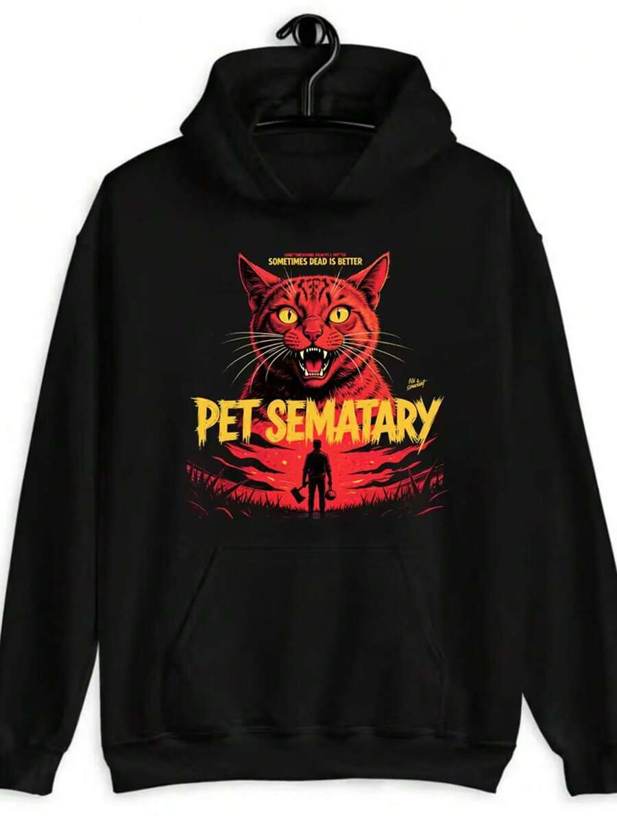 Pet Sematary Stephen King Horror Movie Inspired Hoodie - Striking 'Sometimes Dead Is Better' Scary Cat & Axe Wielder Graphic Print Pullover Hooded Sweatshirt, Unisex Casual Long Sleeve Top With Front Pocket - Ideal Spooky Halloween, Film Fan,Fall Hoodies,Men's Fall Clothes,Street Wear,Halloween,Mens Hoodies,Y2k Clothes,Jesus Hoodie,Thanksgiving Day,Nightmare Before Christmas,Christmas - 黑色 - 查看 1