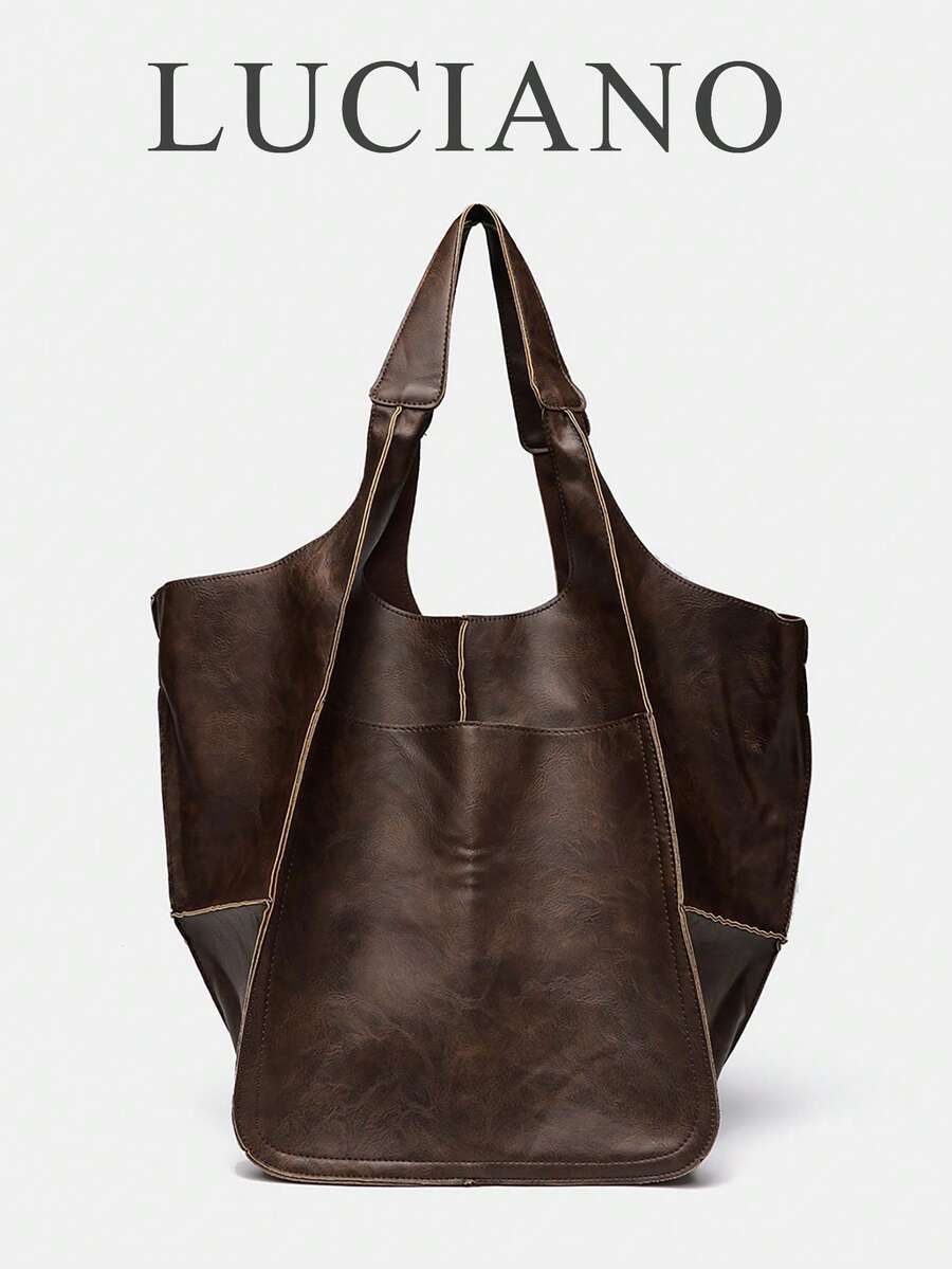 Túi xách cỡ lớn thời trang Thu/Đông mới, Túi đeo vai cỡ lớn phong cách retro dành cho nữ, Túi tote đơn giản, tiện dụng đi làm, du lịch, mua sắm, túi hành lý du lịch, túi đeo nách, đa chức năng, nhiều màu sắc - Cà phê - Xem 1