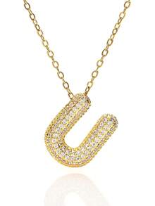 1pc Fashionable Luxurious Copper Inlaid Zirconia Letter A-Z Pendant Necklace, Jewelry Necklace For Women, Suitable For Daily Wear And Party/Holiday Style, Valentine's Day Couple Gift