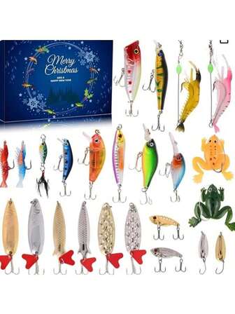 圣诞倒计时钓鱼降临节日历 - 30 天鱼饵套装、渔具套装、鱼饵套装、渔具盒，适合户外钓鱼、节日礼物，2025 年圣诞节惊喜礼物，适合渔民、成人和青少年