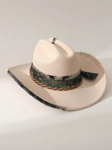 1pc Women's Fashion Solid Color Brimmed Hat, Vintage Wide Belt & Scarf Decor, Minimalist Feather Accent, Hand-Embroidered Tie Decor, Wide Brim Flattering Fit Unisex Versatile Style