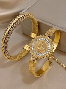 Bộ vòng tay thép không gỉ mạ vàng 18K kiểu dáng cổ điển sang trọng, họa tiết hình học đan xen, phù hợp cho nữ, có thể dùng làm quà tặng Ngày của Mẹ, quà tặng tựu trường, quà tặng Halloween, phụ kiện du lịch biển mùa hè, phụ kiện phong cách Bohemian, phụ kiện dự tiệc/dạ hội/mặc hàng ngày, quà cưới, quà sinh nhật, quà tặng phù dâu và quà Giáng sinh. - Nhiều màu - Xem 1