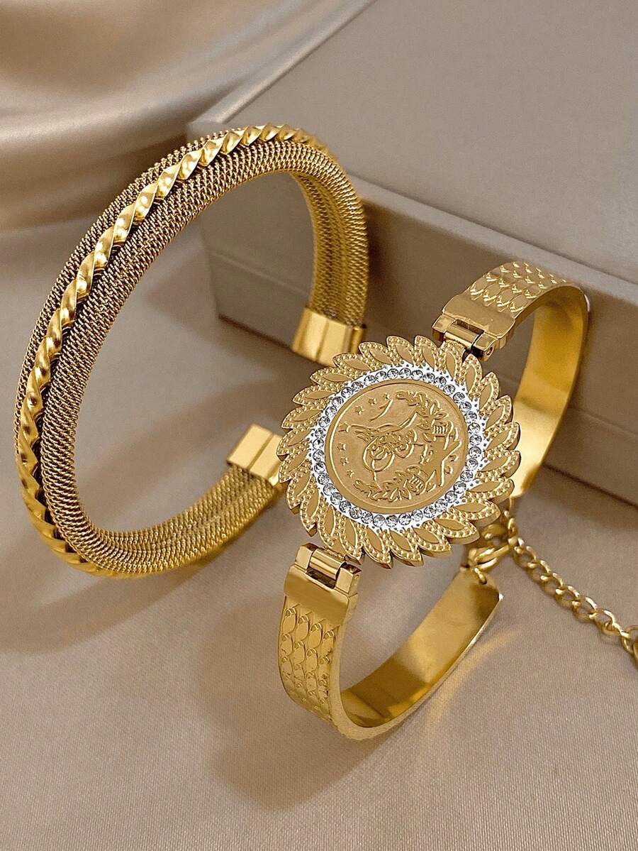 Bộ vòng tay thép không gỉ mạ vàng 18K kiểu dáng cổ điển sang trọng, họa tiết hình học đan xen, phù hợp cho nữ, có thể dùng làm quà tặng Ngày của Mẹ, quà tặng tựu trường, quà tặng Halloween, phụ kiện du lịch biển mùa hè, phụ kiện phong cách Bohemian, phụ kiện dự tiệc/dạ hội/mặc hàng ngày, quà cưới, quà sinh nhật, quà tặng phù dâu và quà Giáng sinh. - Nhiều màu - Xem 1